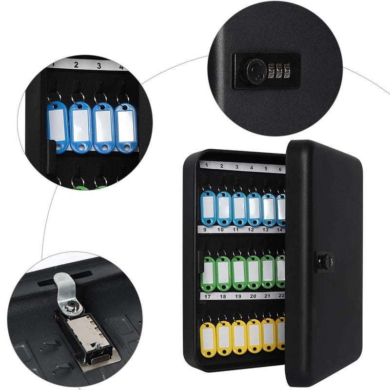 Jssmst Wall Mount Key Storage Box with Code, Locking Key Cabinet Security, 48 Key Hooks & Tags Labels, 11.81 x 9.45 x 2.95 inches, Black Matt - Image 4